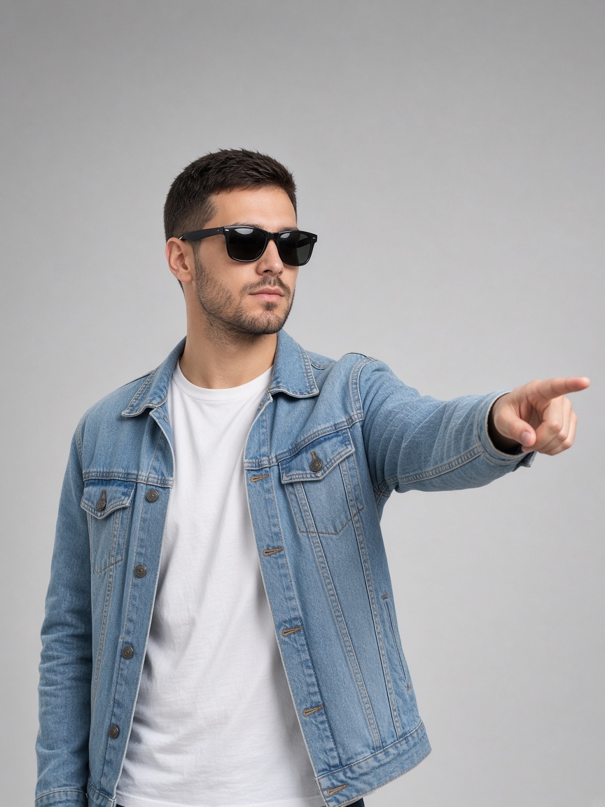 Person in a denim jacket pointing toward the offer