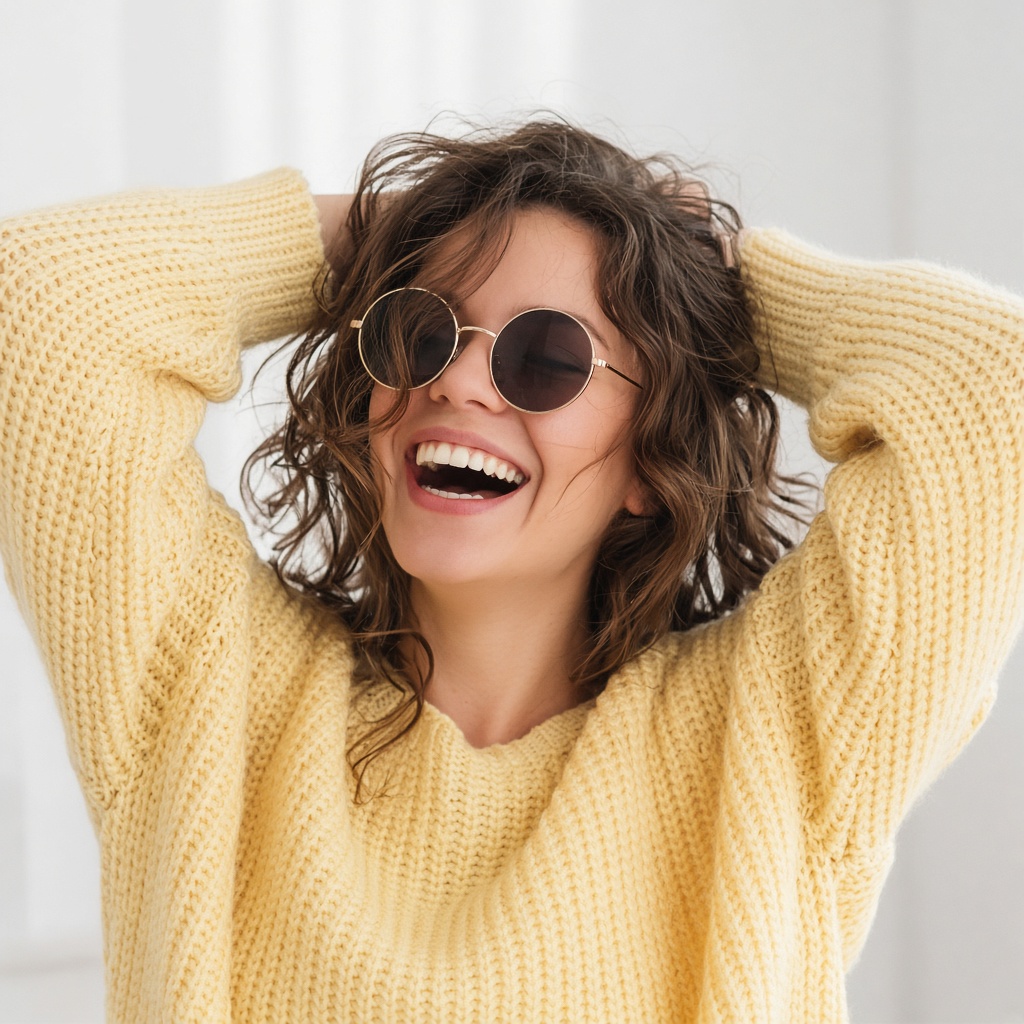 Smiling listener in a yellow knit sweater